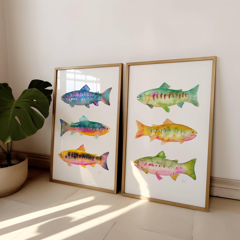 Vibrant Watercolor Trout Art Print Set of 2. Colorful Fish Paintings. Fisherman Framed Art. Fishing Painting Decor. Gift for Dad Wall Art. image 6