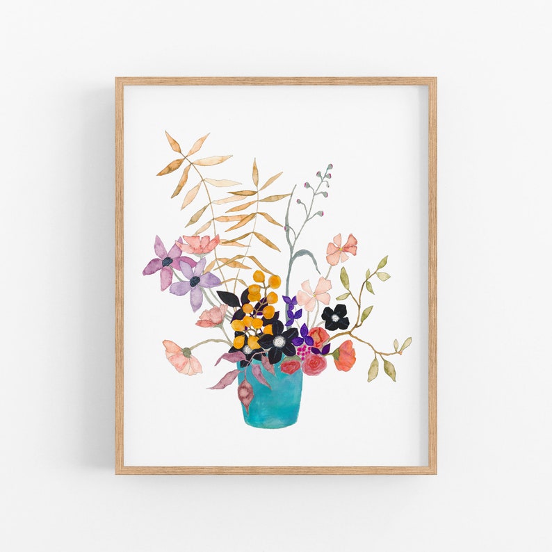 Impresión de arte de flores silvestres de colores brillantes. Decoración de la sala de estar. Arte del dormitorio de las niñas. Arte floral de acuarela. Regalo para mamá. Arte de acuarela de primavera. imagen 1