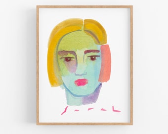 Portrait Art. Unique Abstract Portrait. Colorful Modern Art. Yellow / Blue Woman's Face Watercolor Art Print. Art by Sarah Martinez Art