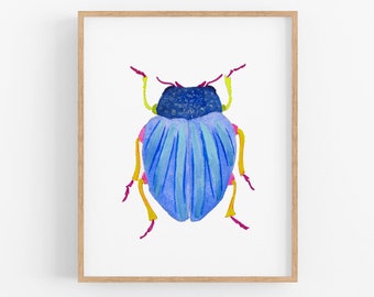 Blue Beetle Beauty Art Print. Watercolor Bug Art. Fun Bug Decor.   Nature Decor.  Kids Room Wall Art.  Pretty Bug Art.