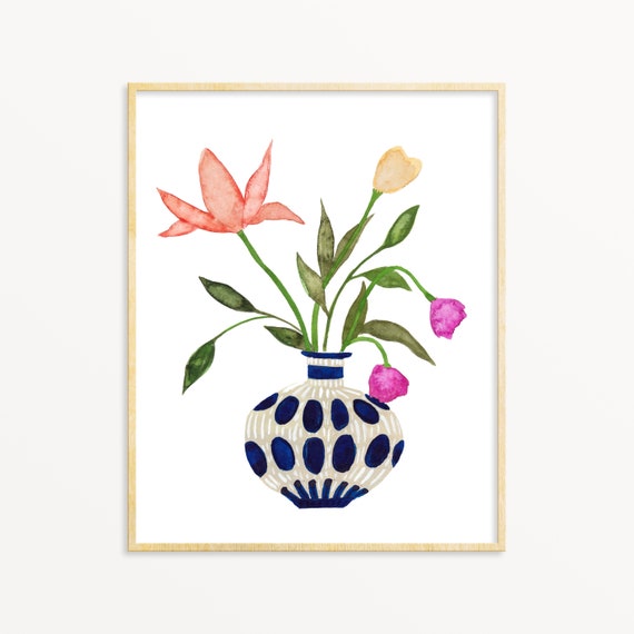 Bright Flower Art Print. Vase of Flowers Painting. Watercolor Art