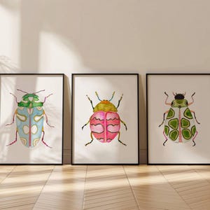 Green Pink Blue Watercolor Beetle Art Print Set of 3, Colorful Beetles, Boys Room Decor, Montessori Bug Nursery Illustration Insect Painting image 4
