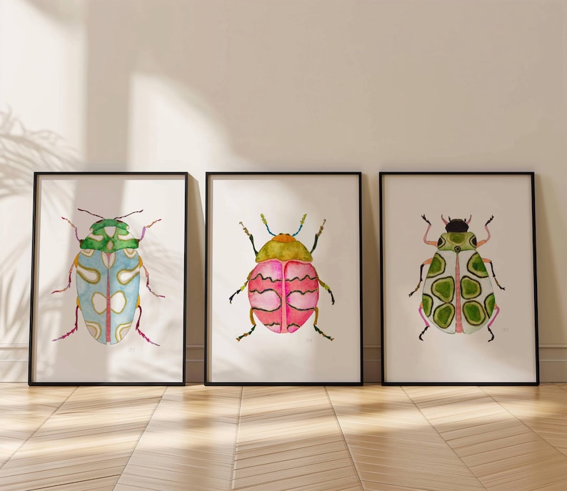 Green Pink Blue Watercolor Beetle Art Print Set of 3, Colorful Beetles, Boys Room Decor, Montessori Bug Nursery Illustration Insect Painting image 4