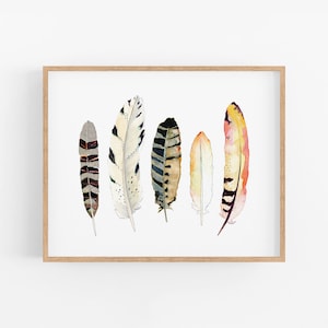 Feather Watercolor Art Print. Boho Style Feather Art. Neutral Black and White Feather Wall Art. Gift for Him. Gift for Her. Yoga Studio Art.