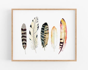 Feather Watercolor Art Print. Boho Style Feather Art. Neutral Black and White Feather Wall Art. Gift for Him. Gift for Her. Yoga Studio Art.