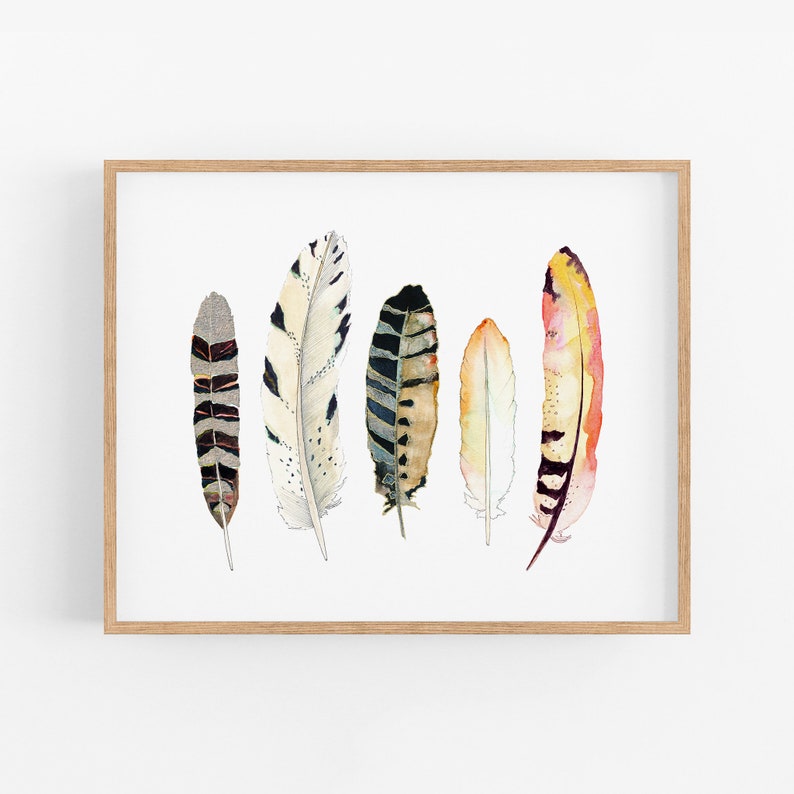 Feather Watercolor Art Print. Boho Style Feather Art. Neutral Black and White Feather Wall Art. Gift for Him. Gift for Her. Yoga Studio Art. image 1