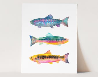 Brightly Colored Watercolor Trout Art Print. Father&#39;s Day Fisherman Gift. Lakehouse Wall Art. Watercolor Fish Painting. Fisherman Dad Gift.