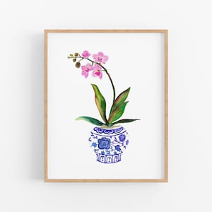 Orchid in Blue and White Vase Watercolor Art Print. Ginger Jar with Orchids. Mother's Day Gift. Traditional Home Decor. Floral Watercolor.