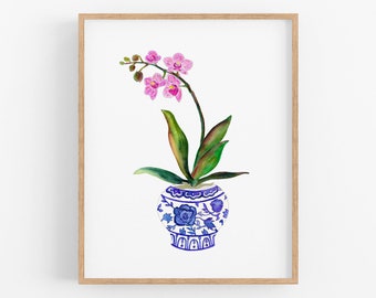 Orchidée en impression d'art aquarelle vase bleu et blanc. Pot de gingembre avec orchidées. Cadeau fête des mères. Décoration d'intérieur traditionnelle. Aquarelle florale.