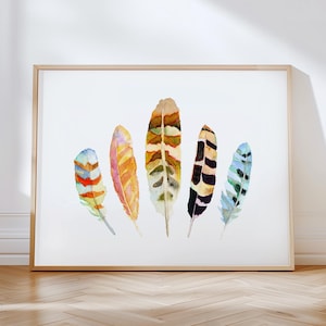 Vibrant Watercolor Feathers Art Print. Colorful Feather Painting. Nature Nursery Room Wall Art. Earthy Boho Artwork Home Decor.