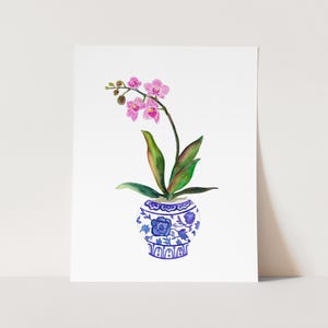 Orchid in Blue and White Vase Watercolor Art Print. Ginger Jar with Orchids. Mother&#39;s Day Gift. Traditional Home Decor. Floral Watercolor.