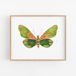 Green Moth Art Print. Pink and Green Moth Painting. Kids Room Art. Nature Themed Nursery Gallery Wall Art. Unique Bug Art. Kids Room Decor.