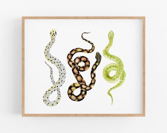 Watercolor Snakes Art Print. Green Snake Painting. Nature Wall Art. Garden Art. Serpent Art Print. Tribal Snake Watercolor Art. Kids Decor.