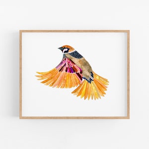 Bird in Flight Art Print. Sparrow Watercolor Art. Nature Decor. Gallery Wall Art. Yellow Bird Art Print. Living Room Decor. Nursery Decor.