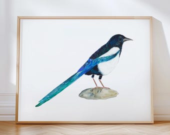 Vibrant Watercolor Magpie Wall Art. Blue White Black Bird Art Print. Gift for Bird Lovers. Nature Painting Room Decor. Black-Billed Magpie.