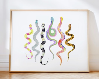Colorful Watercolor Snakes Art Print. Reptile Painting Wall Art. Serpent Illustration. Boy&#39;s Room Decor. Vibrant Snake Drawing Prints.