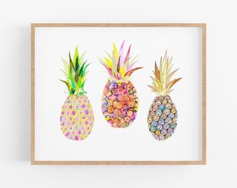 Watercolor Pineapple Illustration. Watercolor Pink Pineapples. Fruit Art Print. Entryway Art. Kitchen / Fruit Wall Art. Pink Pineapple Art.