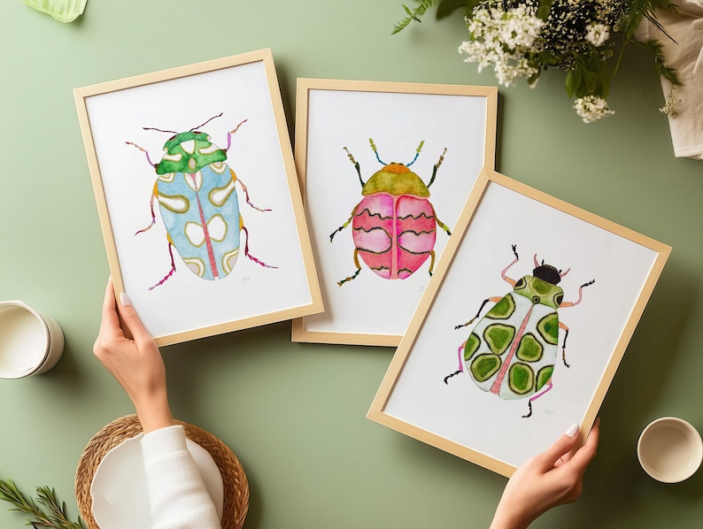 Green Pink Blue Watercolor Beetle Art Print Set of 3, Colorful Beetles, Boys Room Decor, Montessori Bug Nursery Illustration Insect Painting image 2