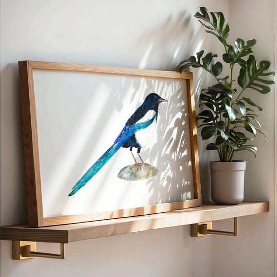 Quadro Stampato Con Pappagallo E Schizzi Di Pittura - Wee Blue Coo - Cornice In Legno 30x41 Cm - Arte Da Parete