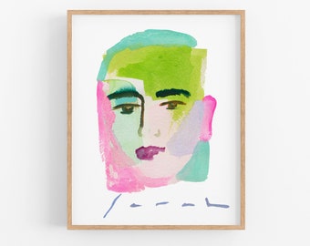 Colorful Abstract Portrait Art. Unique Wall Art. Face Art. Abstract Face Art. Pink / Green / Blue Abstract Woman's Face Watercolor Art Print