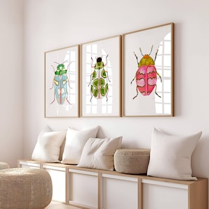 Green Pink Blue Watercolor Beetle Art Print Set of 3, Colorful Beetles, Boys Room Decor, Montessori Bug Nursery Illustration Insect Painting image 3