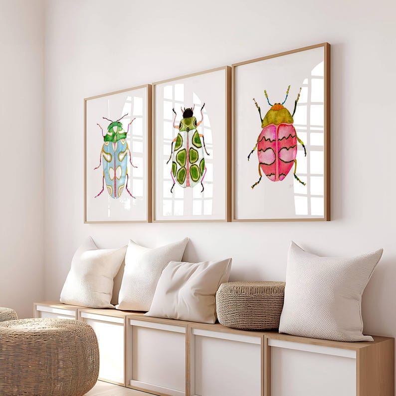 Green Pink Blue Watercolor Beetle Art Print Set of 3, Colorful Beetles, Boys Room Decor, Montessori Bug Nursery Illustration Insect Painting image 3