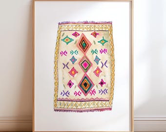 Colorful Watercolor Moroccan Rug Art Print. Boho Rugs Painting. Antique Wall Art Room Decor. Modern Nursery Art. Bohemian Rug Illustration.