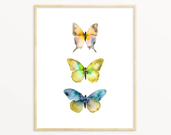 Watercolor Butterfly Art Print. Butterfly Poster. Butterfly Painting. Blue and Orange Butterflies. Nature Wall Art Decor. Nursery Wall Art.