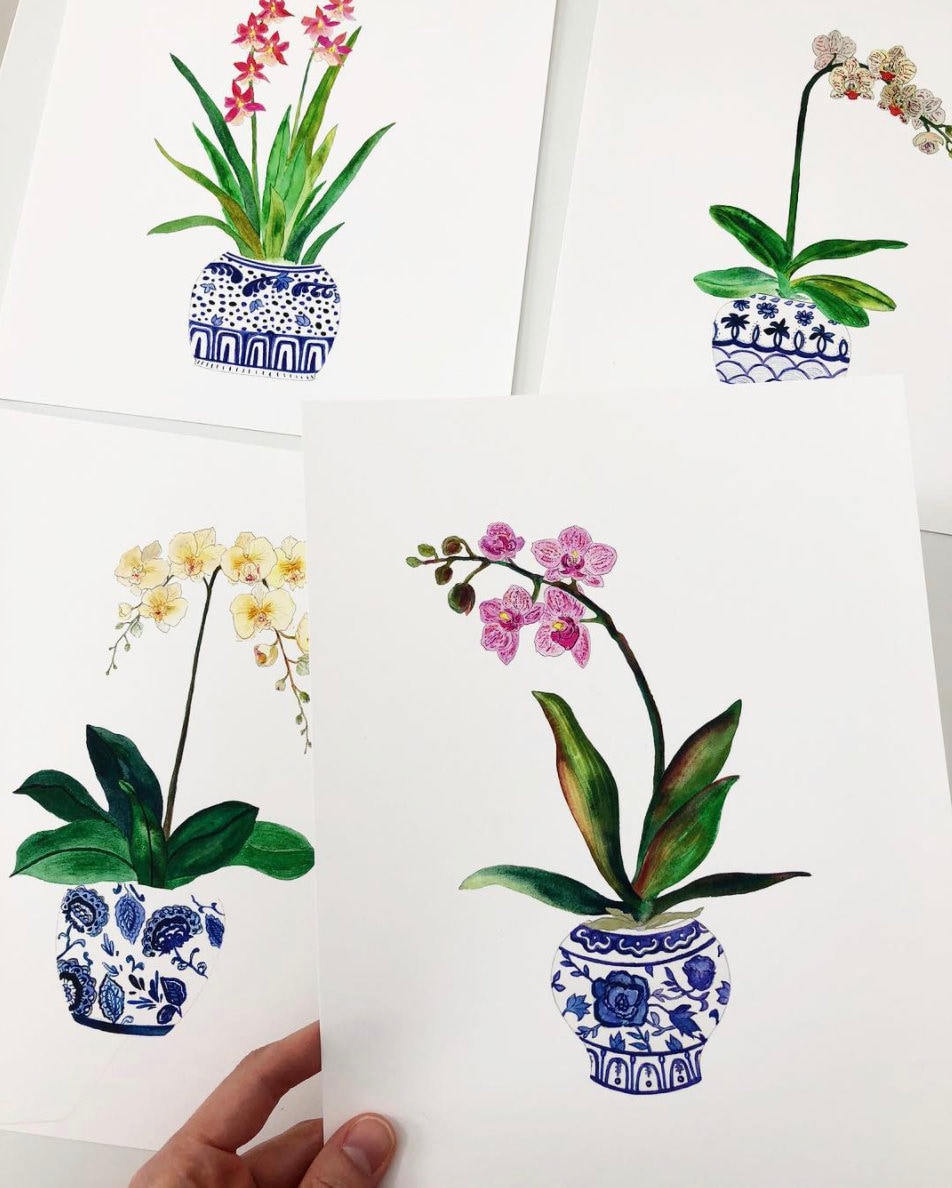 Watercolor Orchids in Ginger Jar Art Print. Yellow Orchids Etsy UK