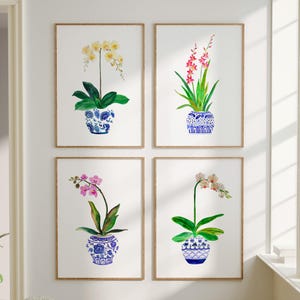 Beautiful Watercolor Orchids Art Print Set of 4. Blue White Ginger Jar Paintings. Home Decor Gift for Mom. Botanical Prints. Orchid Wall Art zdjęcie 2