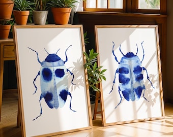 Indigo Beetle Art Print Set of Two. Blue Bug Art Prints. Large Pretty Insect Illustration. Minimalist Nature Decor. Boys Room Gallery Wall.