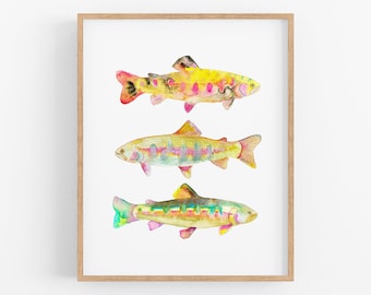 Trout Watercolor Art Print. Yellow Trout Painting. Fish Artwork. Masculine Nature Art. Angler Art. Dad Gift. Watercolor Trout Painting.