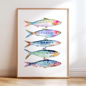 May include: Five watercolor paintings of colorful fish, each with a different pattern and color scheme. The fish are arranged vertically, with the top fish being the largest and the bottom fish being the smallest. The fish are all facing to the right.