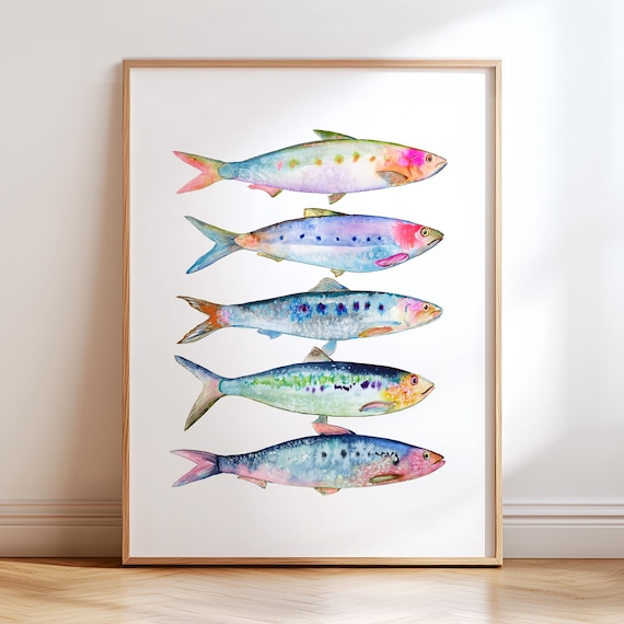 Colorful Five Sardines Watercolor Art Print.  Pink Blue Fish Art. Dad Office Decor. Lake House Prints. Sardine Painting. Father's Day Gift.