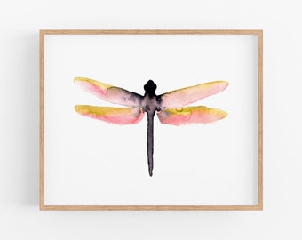 Impresión de arte de libélula de acuarela. Obra de arte de libélula rosa. Arte colorido de insectos. Impresiones de pared de la galería. Pintura de la naturaleza. Bonitas ilustraciones de insectos.