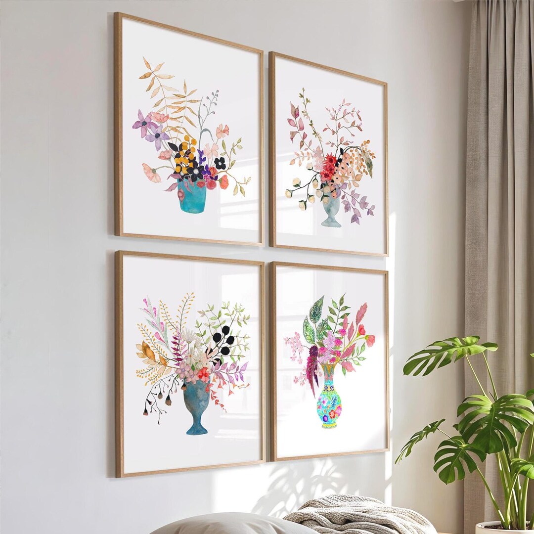 Vibrant Watercolor Wildflowers in Vases - Art Print Set of 4. Botanical ...