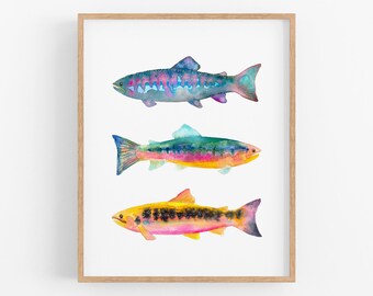 Brightly Colored Watercolor Trout Art Print. Father's Day Fisherman Gift. Lakehouse Wall Art. Watercolor Fish Painting. Fisherman Dad Gift.