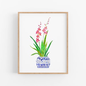 Traditional Watercolor Flowers. Blue & White Ginger Jar Art Print. Ginger Jar Orchid Art Print. Pink Orchid Painting. Watercolor Orchid Art.