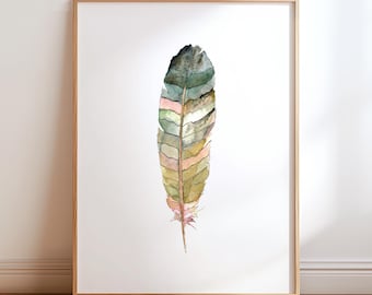 Vibrant Watercolor Feather Art Print. Green Feather Painting. Modern Nursery Room Wall Art. Minimalist Nature Decor. Boho Teens Room Art.