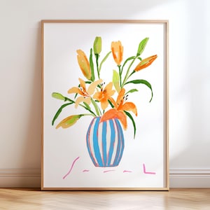 Vibrant Watercolor Tiger Lily Painting. Blue Orange Floral Print. Large Flower Art. Bouquet of Lilies Wall Decor. Botanical Flowers in Vase