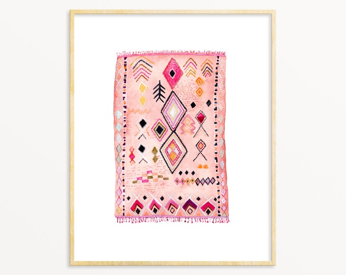 Moroccan Rug Watercolor Art Print | Blush Pink Rug Painting | Modern Boho Print | Boho Nursery / Kids Room Decor | Unique Gallery Wall Art