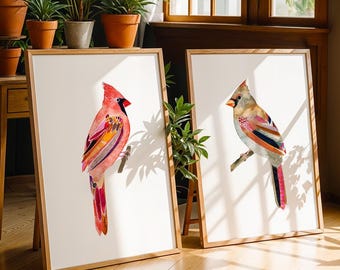 Cardinals Watercolor Art Print Set of Two, Male Female Cardinal Lovers, Birding Gifts, State Bird Wall Art, Red Cardinal Bird Decor Painting