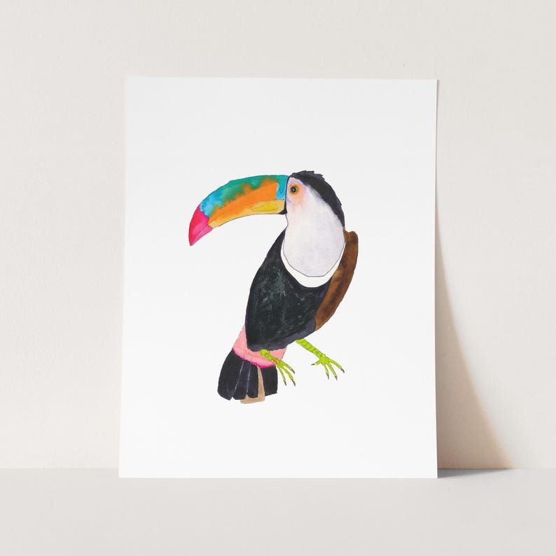 Aquarelprint van een toekan. Muurdecoratie met tropisch regenwoudmotief. Tropische decoratie. Schilderij van een toekan. Kunst voor de kinderkamer. Tropische muurdecoratie voor een galerij. afbeelding 1
