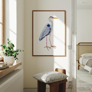 Maravillosa lámina artística de garza azul. Arte mural en acuarela de garza azul. Ilustración de aves costeras. Láminas de pintura de animales. Casa en el lago costero. imagen 2