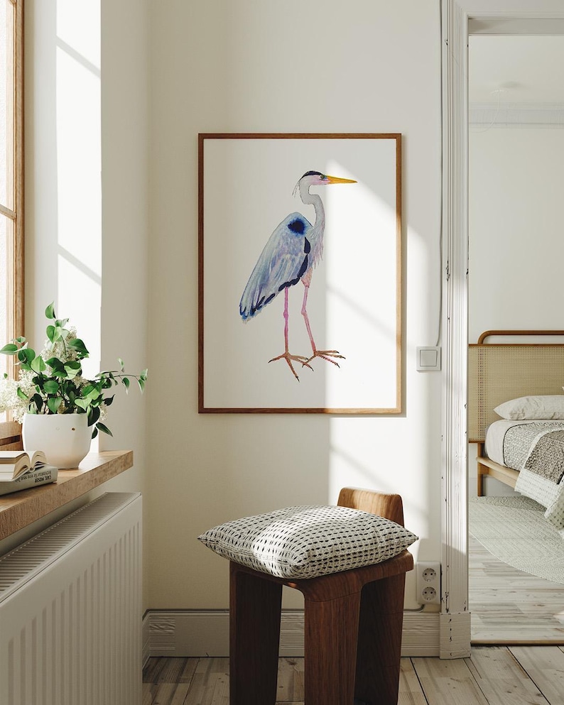Maravillosa lámina artística de garza azul. Arte mural en acuarela de garza azul. Ilustración de aves costeras. Láminas de pintura de animales. Casa en el lago costero. imagen 2