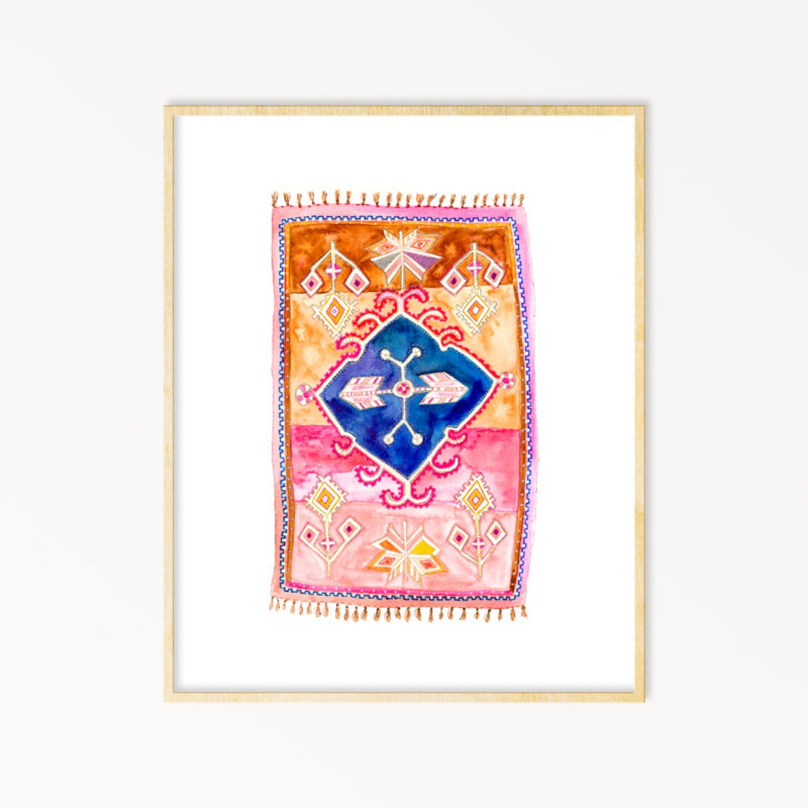 Boho Rug Wall Art. Vintage Pink/brown Watercolor Rug Painting. Etsy