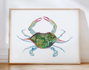 Colorful Watercolor Blue Crab Art Print. Green Blue Pink Crab Painting. Vibrant Crab Artwork. Beach House Home Decor. Coastal Wall Art.