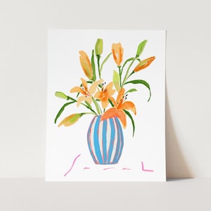 Watercolor Flower Painting. Tiger Lily Art Print. Floral Painting. Orange and Blue Flower Art. Large Art Print. Traditional Home Art.