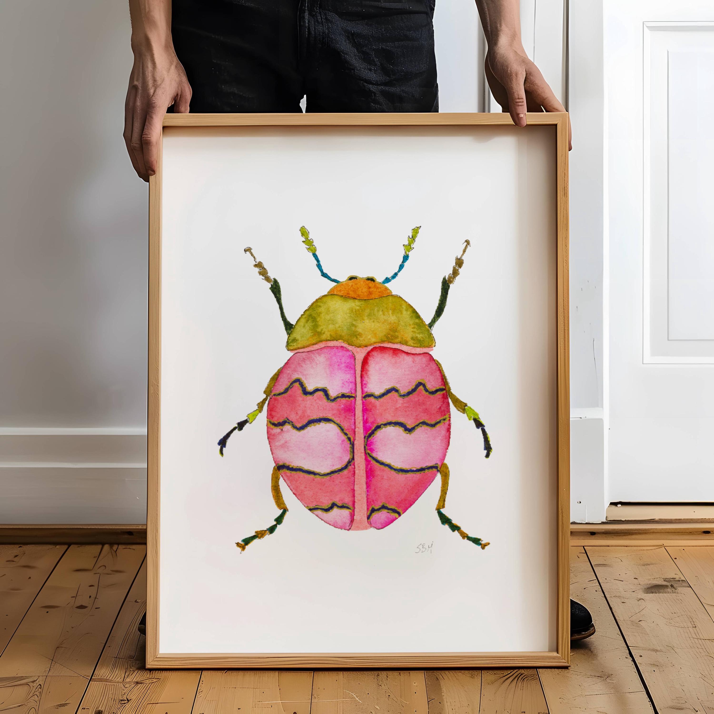 Bright Pink Watercolor Beetle Art Print. Fun Bug Decor.  Insect Lovers Painting of Beetles for Kids Room, Nursery.