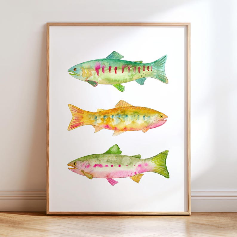 Vibrant Watercolor Trout Art Print Set of 2. Colorful Fish Paintings. Fisherman Framed Art. Fishing Painting Decor. Gift for Dad Wall Art. image 2